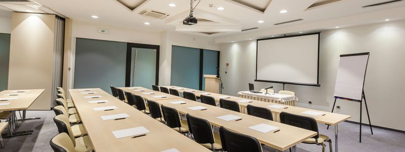 A presentation room prepared to host.