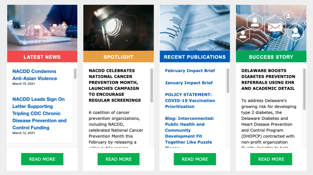 Image of NACDD's homepage's special features section, including Latest News, Spotlight, Recent Publications, and Success Stories, with links to the items underneath.