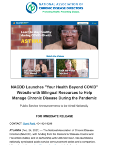 An image of a press release for launching the YourHealthBeyondCOVID website with pictures from the website at the top