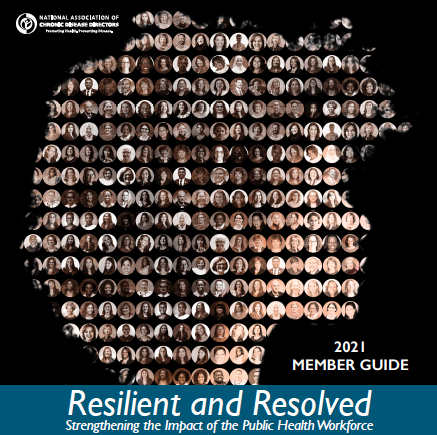 Cover of Resilient and Resolved 2021 Member Guide with a picture of a Black woman in profile made up of headshots of staff and consultants at NACDD