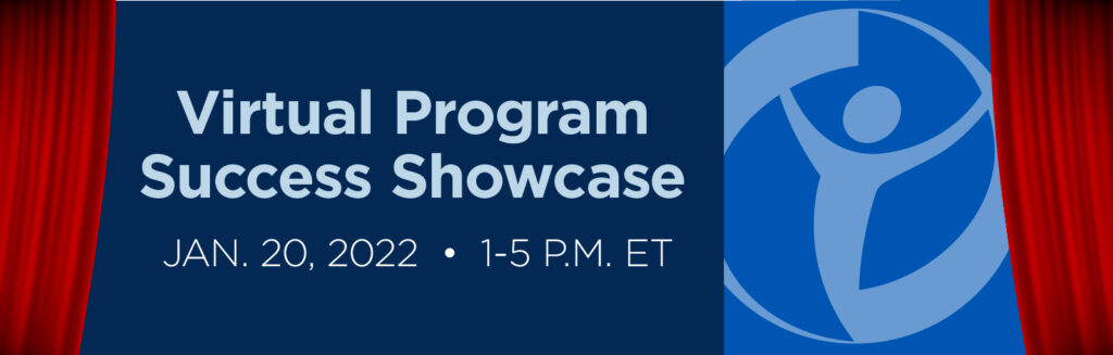 Virtual Program Success Showcase Jan. 20, 2022 1-5 p.m. ET with an image of red curtains on either side of the graphic and the NACDD trademark in light blue.