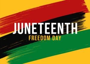 A banner of Juneteenth with black, red, and green brush strokes.