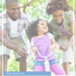A cover image of the Health Equity Primer featuring a Black little girl riding a bike with her two parent.s