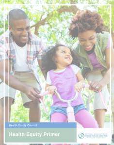 A cover image of the Health Equity Primer featuring a Black little girl riding a bike with her two parent.s