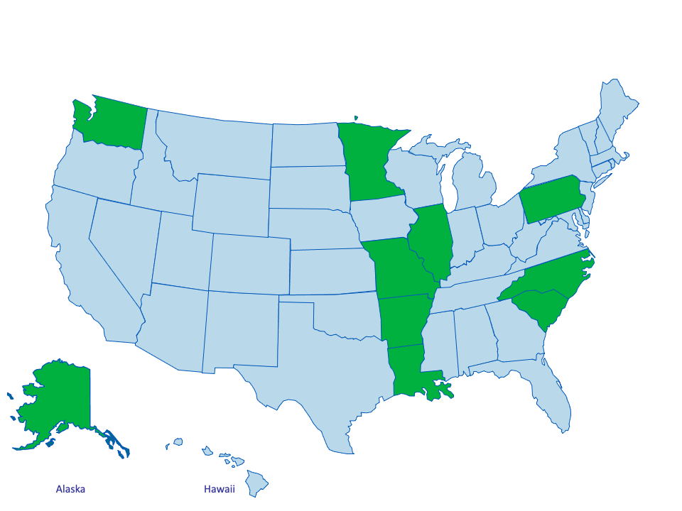 An image of the United States with participating PHA states in Green