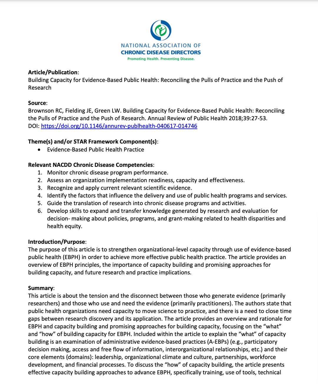 Building Capacity for Evidence-Based Public Health: Reconciling the Pulls of Practice and the Push of Research