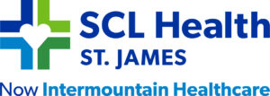 Logo for St. James Healthcare. On the left is a a Swiss Cross that is half blue, half green with a white heart at the center. To the right are the words St. James in large blue letters, with Healthcare in thin blue letters underneath followed by SCL Health in green letters.