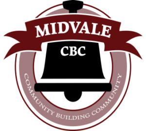 Logo for Midvale Community Building Community. There is a large, black bell with CBC written on it in white letters. Across the top of the bell is a crimson ribbon with Midvale written on it in white letters. The bell is circled by a light red border, with the words Community Building Community written across the bottom of the border in white text.