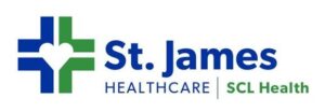 Logo for St. James Healthcare. On the left is a a Swiss Cross that is half blue, half green with a white heart at the center. To the right are the words St. James in large blue letters, with Healthcare in thin blue letters underneath followed by SCL Health in green letters.