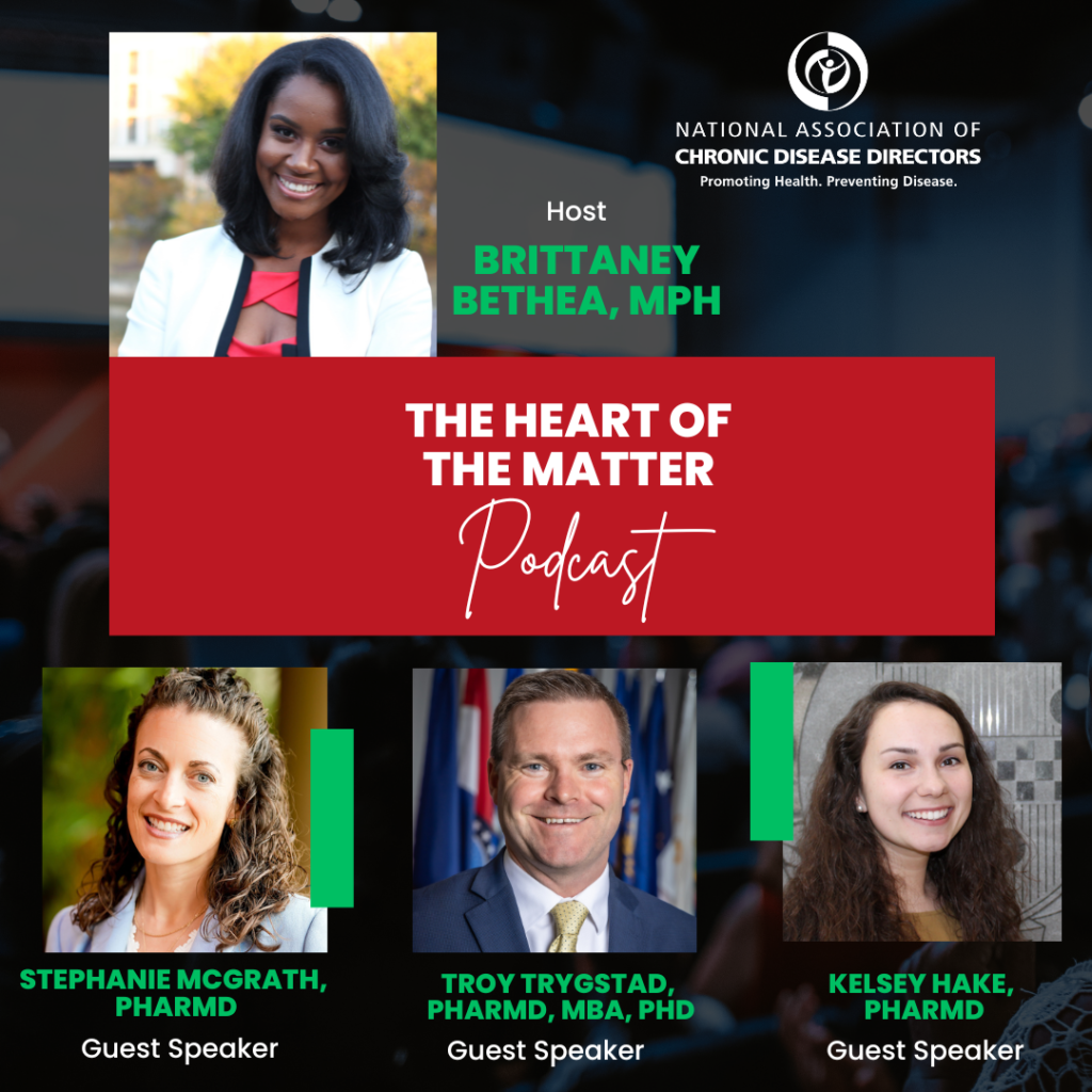 Heart of the Matter Podcast graphic. Photos of the host Brittaney Bethea, MPH and guest speakers Stephanie McGrath, PHARMD, Troy Trygstad, PHAMD,MBA,PHD, and Kelsey Hake, PHARMD