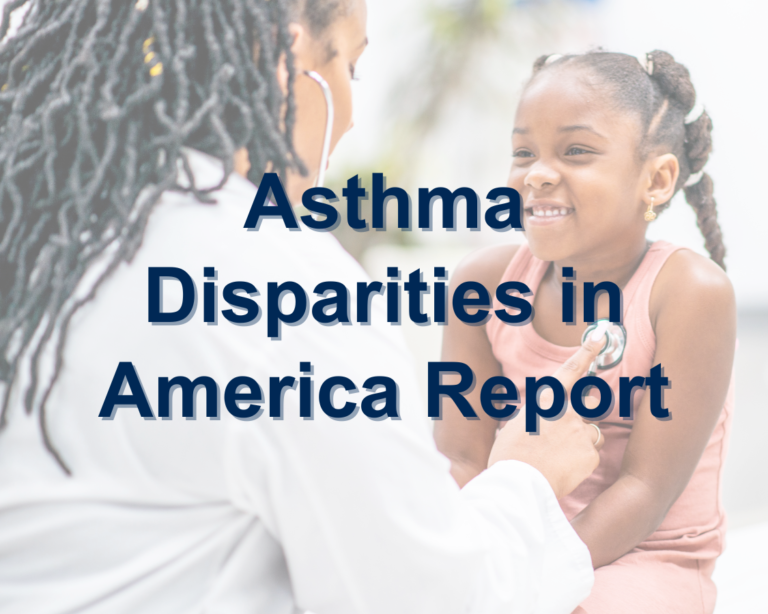 "Asthma Disparities in America Report" text over an image of a doctor checking the heartbeat of a child.