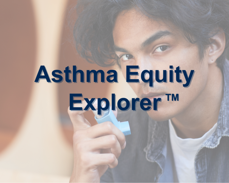 "Asthma Equity Explorer TM" text over an image of a young man holding an inhaler.