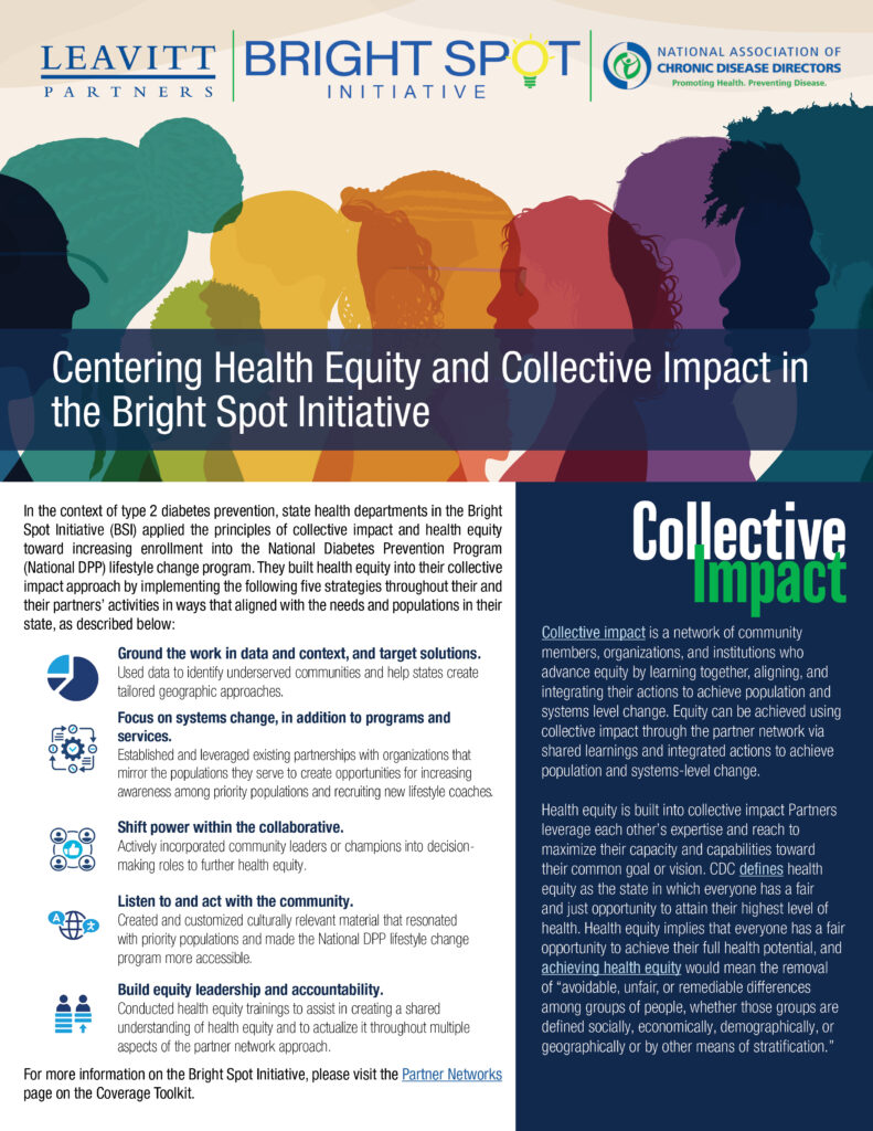 Cover page of "Centering Health Equity and Collective Impact" fact sheet. Graphic of multicolored shadows of overlapping heads.