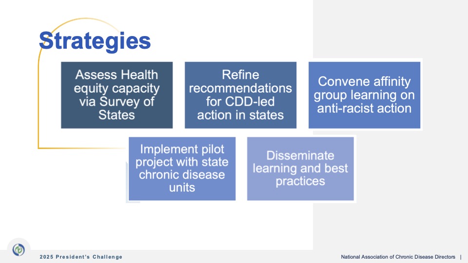 Strategies for FY 2024-2025 President's Challenge: - Assess Health equity capacity via survey of states - Refine recommendations for CDD-led action in states - Convene affinity group learning on anti-racist action -Implement pilot project with state chronic disease units -Disseminate learning and best practices