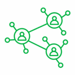 Line drawn icon depicts circles with people icons in them. Lines connect three circles together, to depict a network.