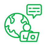 Line drawn icon of a globe with a person sitting at a computer in front of the globe. A speech bubble appears to the top right of the person.
