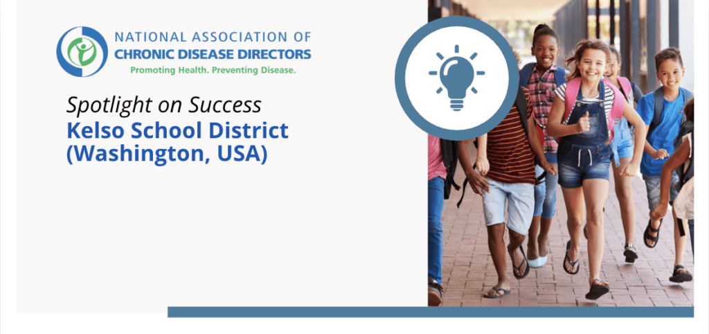 Banner with National Association of Chronic Disease Directors logo and the text “Spotlight on Success: Kelso School District (Washington, USA).” On the right, a photo of students walking outside with backpacks.
