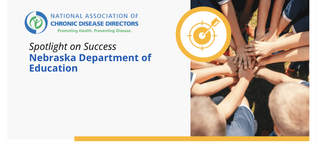 Banner with National Association of Chronic Disease Directors logo and the text “Spotlight on Success: Nebraska Department of Education.” On the right, a photo of children standing in a circle with their hands stacked together.