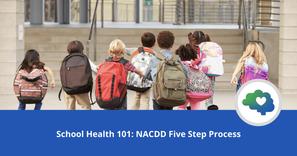 Children with backpacks walking up school steps toward a building entrance. Blue banner text reads “School Health 101: NACDD Five Step Process.” A circular brain and heart logo appears on the right.
