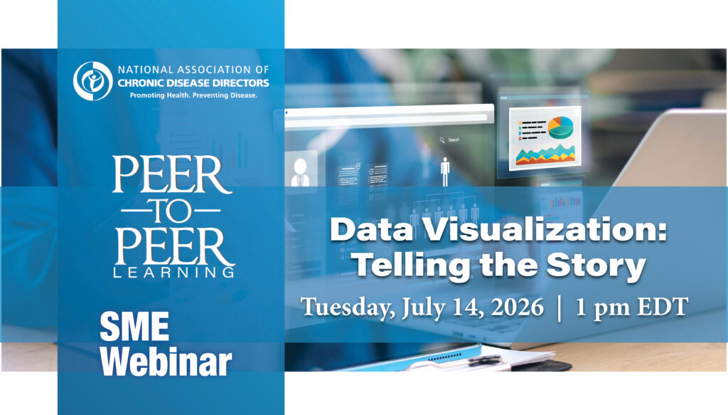Virtual event title slide. Features data chart imagery in blue and white hues. The slide includes NACDD's logo, Peer-to-Peer Learning, SME Webinar, and the title of the series, "Data Visualization: Telling the Story."